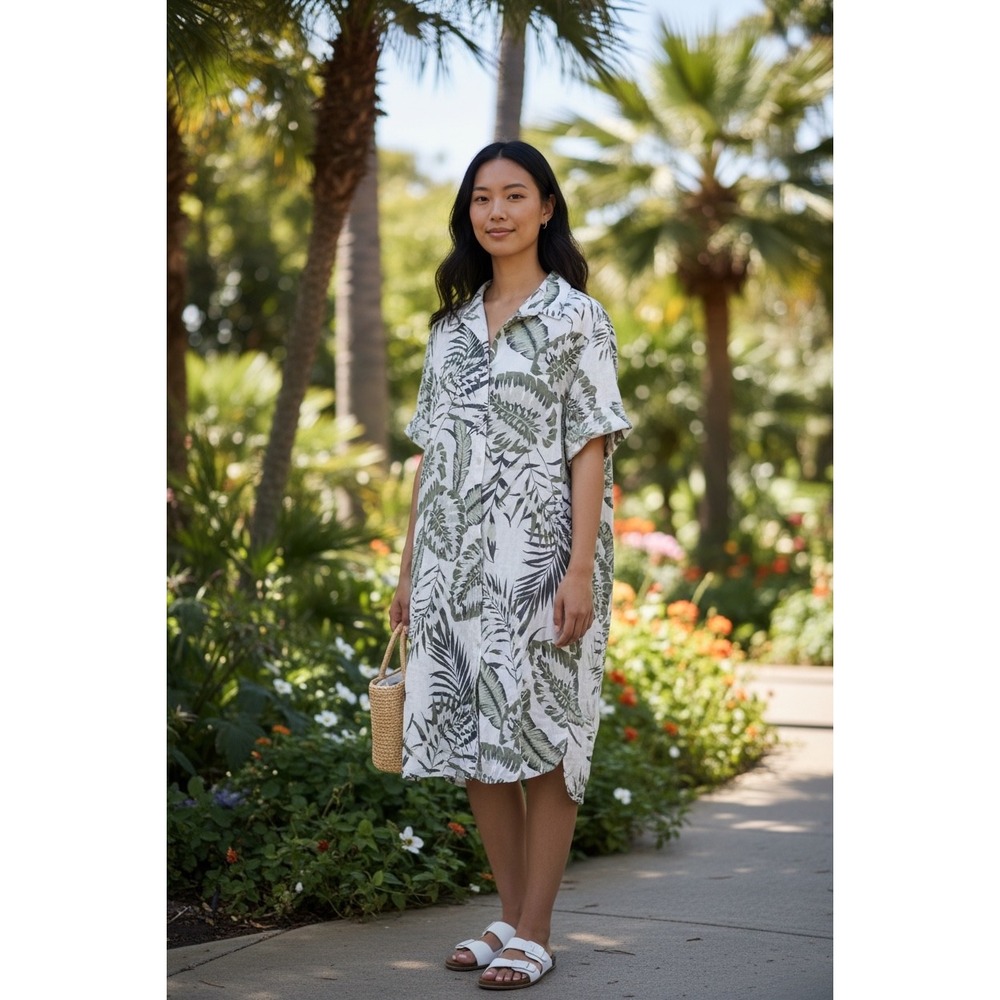C&C‎ California 100% Linen Tropical Palm Leaf Print Shirt Dress White Green NWT
